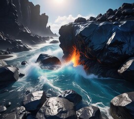 Naklejka premium Deep blue sapphire waters crashing against a black volcanic rock, wave crash, rocky shoreline