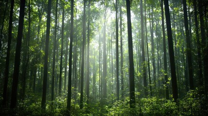 Fototapeta premium Sunlit Forest Path: Green Trees And Golden Light