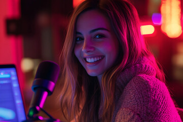 Fototapeta premium Generative AI portrait of a vibrant podcast host with mic headphones during live radio show