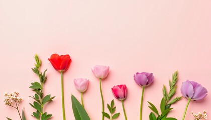 Delicate pastel tulips in a row on muted pink background, elegance, for Valentine's Day, Happy Women's Day, Mother's Day, Easter, Birthday. Top view, copy space