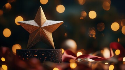 Golden star decoration shines brightly amid festive bokeh lights with ribbons and ornaments during the holiday season