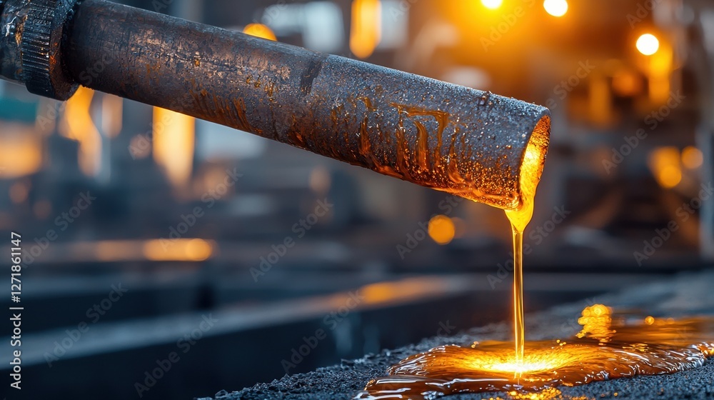 Poster a pipe is dripping a liquid that is yellow and has a metallic sheen