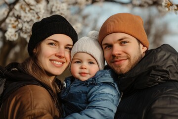 The family walks in the park in the spring. 