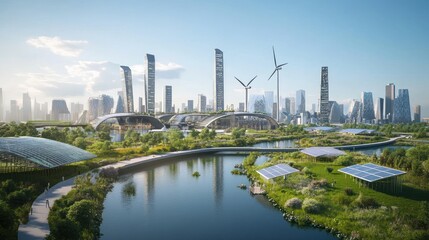 Architectural city skyline with green energy infrastructure vision