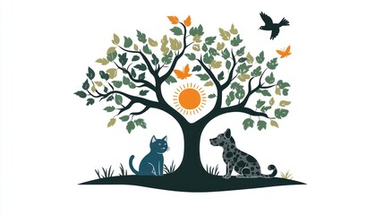 Peaceful animals under a tree