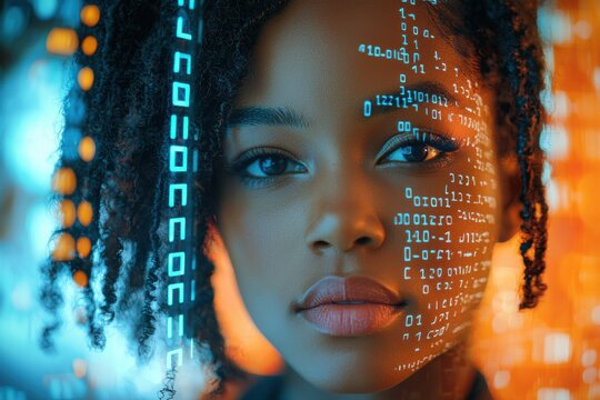 Close-up of a young woman with digital code projected on her face, symbolizing technology and innovation in modern society