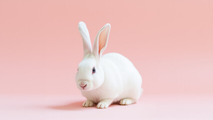 Obraz premium Cute white rabbit on isolated pink background