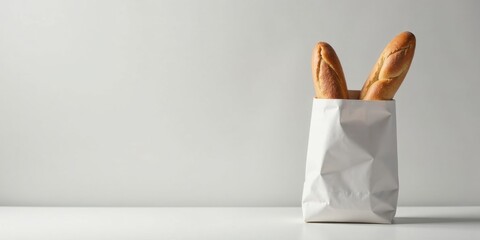 Two freshly baked loaves of bread in a simple white paper bag, perfect for a minimalist food photography concept.