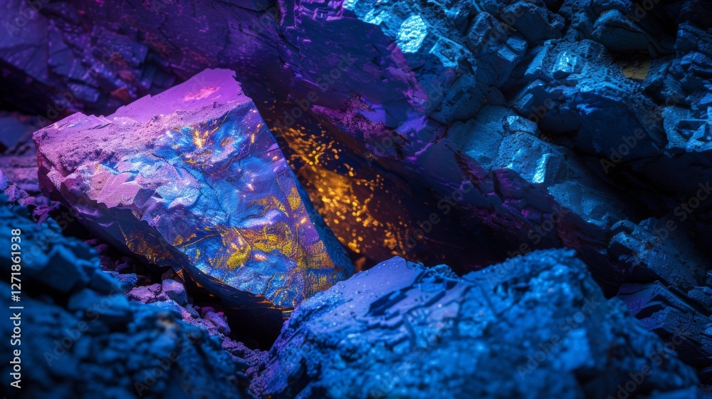 Poster a crystal formation sits amid rough rocks, glowing with vibrant colors. the light creates a captivat