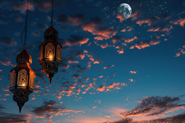 Obraz premium Hanging Ramadan lanterns glow under moonlit sky with colorful clouds.