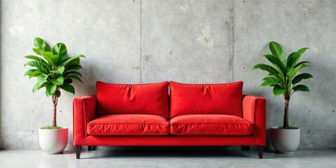A vibrant red velvet sofa sits elegantly against a textured concrete wall, flanked by two lush potted plants, creating a stylish and modern interior scene.
