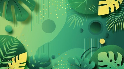 Vibrant abstract background featuring lush green foliage with geometric shapes and soft gradients
