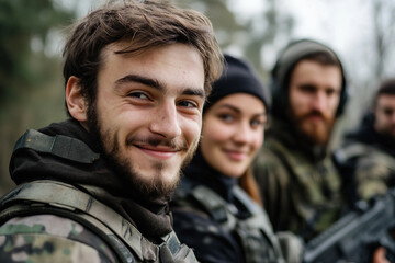 Fototapeta premium Close-Up of Paintball Players in Action, Wearing Protective Masks and Gear, Generative AI art