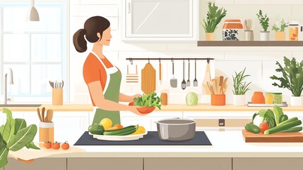 Woman Cooking Delicious Vegetable Meal in a Sunny Kitchen, Preparing Healthy Food with Fresh Ingredients Joyfully.