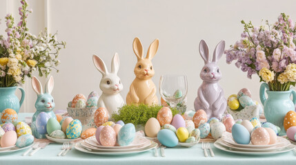 Charming easter table decor with colorful eggs and ceramic bunnies