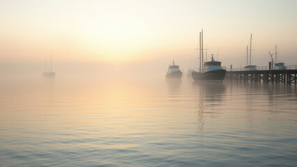 Fototapeta premium early morning fishing pier at Manconar with misty sea fog and boats moored in the background, scenery, serene