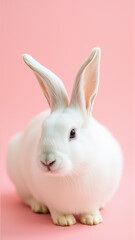 Fototapeta premium Cute white rabbit on isolated pink background