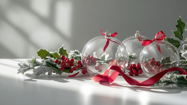 Festive transparent christmas ornaments with red berries and ribbons on a sunlit table - Powered by Adobe
