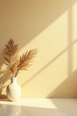 Naklejka premium Serene Minimalist Still Life Dried Floral Arrangement in a Simple White Vase Against a Soft Beige Wall with Sunlight Streaming Through a Window