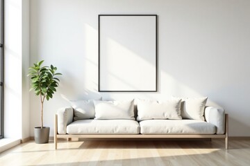 Minimalist Living Room Interior Design with a Blank Frame and Light-Colored Sofa
