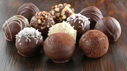 Delicious assorted chocolate truffles arranged beautifully on a wooden surface. Generative AI