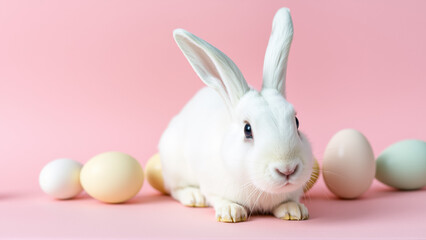 Fototapeta premium White fluffy rabbit sits on pink isolated background among colorful eggs