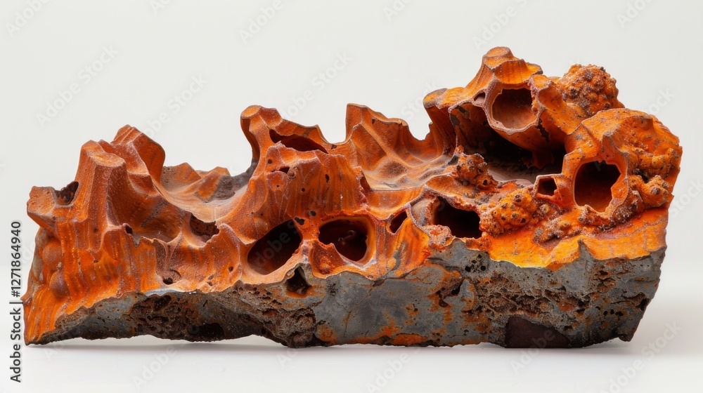 Poster Intricate orange mineral formation features striking textures and unique shapes that capture the viewers attention. The piece is showcased against a simple background highlighting its details.