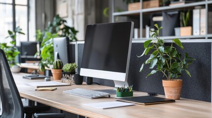 Fototapeta premium Modern Office Workspace with Plants and Computers
