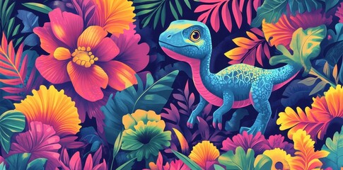Fototapeta premium Cartoon baby dinosaur amidst bright tropical flowers and foliage