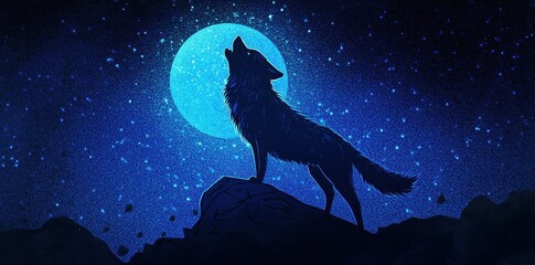 Fototapeta premium Lone wolf howls at the moon under starry night