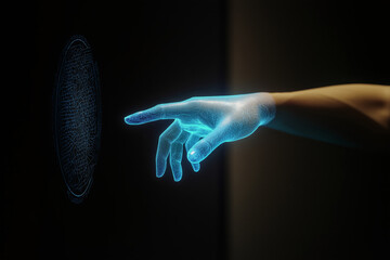 Digital Touch: A holographic hand extends toward a digital fingerprint, capturing the essence of futuristic technology and modern digital interaction. 