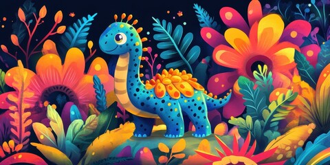 Fototapeta premium Blue cartoon dinosaur amidst colorful flowers and lush foliage