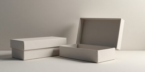 Fototapeta premium Two simple, unopened and opened beige cardboard boxes on a neutral background provide a clean and minimalist product display setting