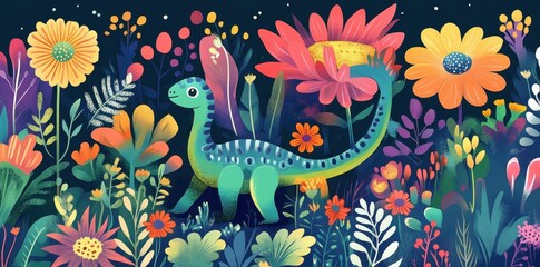 Obraz premium Happy green dinosaur amidst vibrant colorful flowers and foliage