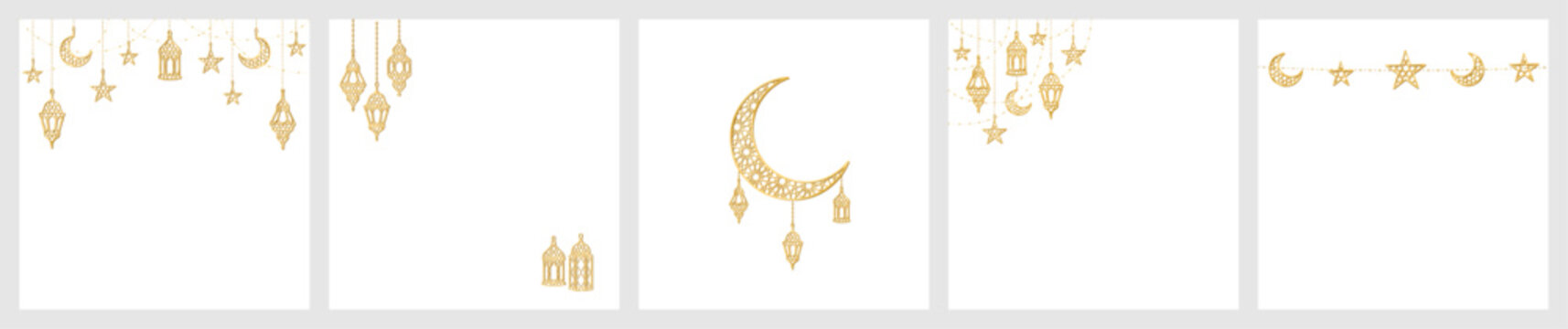 Ramadan or Al-Adha golden shiny decoration. Lanterns, crescent, stars. Traditional islamic border, holiday frame isolated. Square format for social media. Transparent background in vector file.