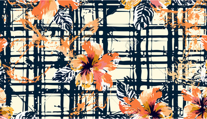 Abstract hibiscus flowers, tartan plaid grunge pattern, brushed vector illustration, seamless fabric design, beach towel, pillow, tablecloth, shirt wrapping, floral textile prints. © aura studio