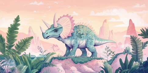 Gentle triceratops stands peacefully among soft pink mountains and ferns