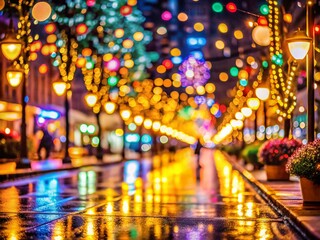 Festive City Night Bokeh Lights, Whimsical Holiday Atmosphere, Bright Colors, Urban Celebration, Rule of Thirds Composition