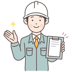 人物_線画03_資料を見せながら案内する建設作業員男性_ol