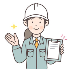 人物_線画03_資料を見せながら案内する建設作業員女性_ol