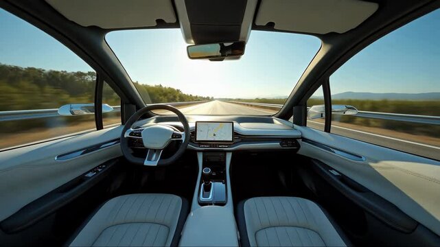 Car is driving down a road with a sunroof open. view from inside of futuristic self driving car without human driver moving on road. The car is a modern