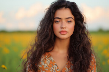 Portrait of a Young Woman in a Floral Dress Amidst a Blooming Meadow