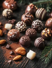 Assorted handmade chocolates with nuts and cocoa on rustic wooden table during festive season. Generative AI