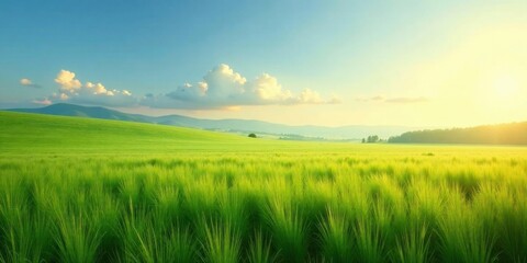 Fototapeta premium Serene Sunset over Rolling Green Fields, a Breathtaking Vista of Lush Vegetation and Tranquil Atmosphere
