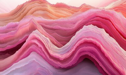 Abstract landscape of vibrant pink and peach layered formations resembling waves at sunrise