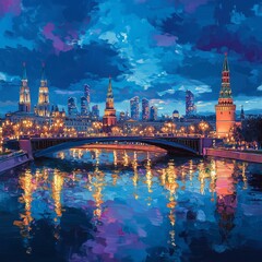 A city with a bridge and a river
