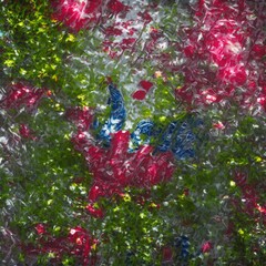 A luminous, transparent glass woman figure in happy jumping with an hourglass body, showcasing an intricate internal ecosystem, featuring miniature plants with delicate moss and flowers sprouting from
