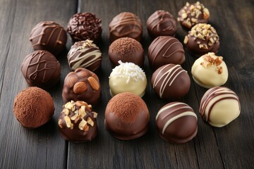 Assorted chocolate truffles with various toppings arranged on a wooden surface. Generative AI