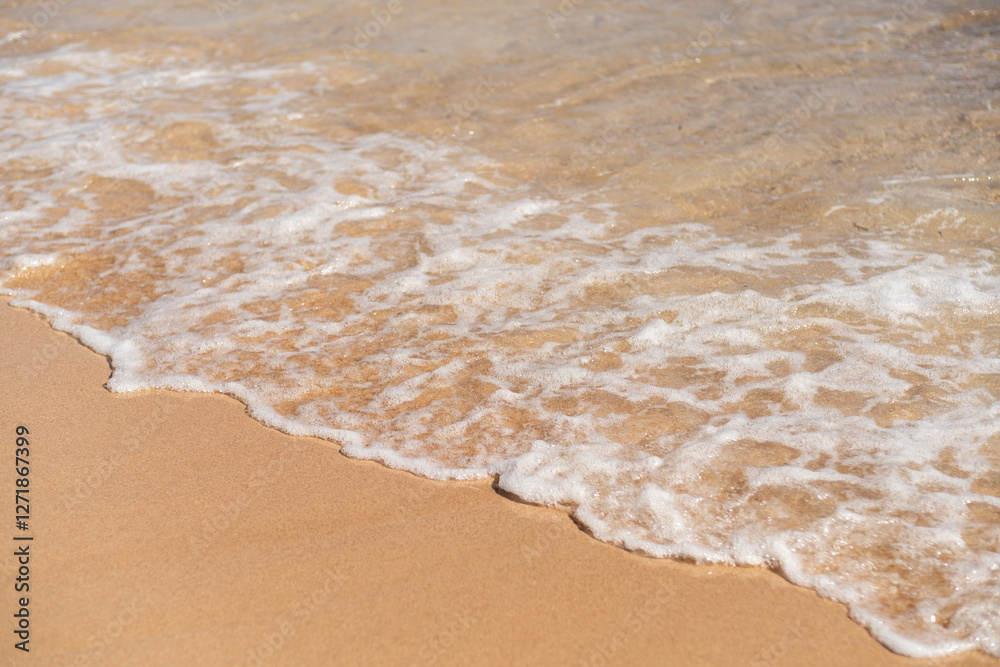 Poster waves gently lapping on the sandy shore of an egyptian beach during sunset, creating a serene atmosp
