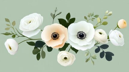 Elegant floral border of ranunculus flowers on a pastel green background, soft and harmonious color palette, perfect for invitations or branding, high-quality and ultra-realistic